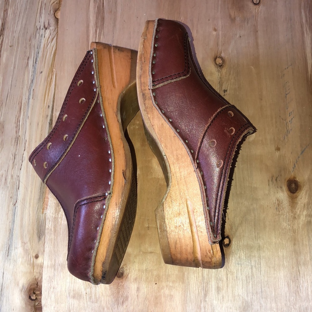 Vintage Bastad Original Swedish Wood Clogs Brown Leather Size 36